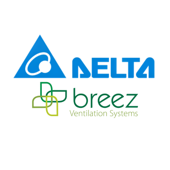 Delta Breez_logo_May_26 300x300 Blue Delta logo (triangle with circular emblem) above Breeze Ventilation Systems logo in green with interlocking-square design.