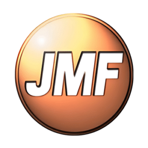Orange glossy circular logo with bold white letters 'JMF' across the center.