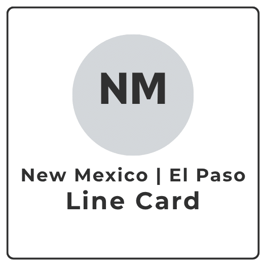 Line card cover for New Mexico and El Paso, with large NM initials inside a gray circle and 'New Mexico | El Paso Line Card' text below