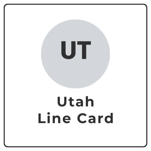 Circular gray badge with 'UT' above the text 'Utah Line Card' on a white background card