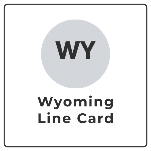 Wyoming Line Card: gray circle with WY above the text 'Wyoming Line Card'